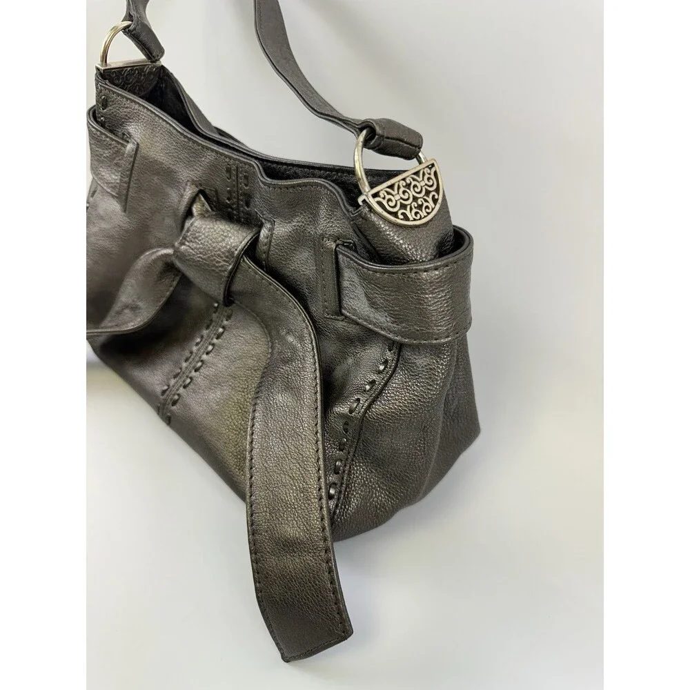 Brighton Bow Strap Hobo Handbag Pewter Metallic Leather Shoulder Purse Magnetic